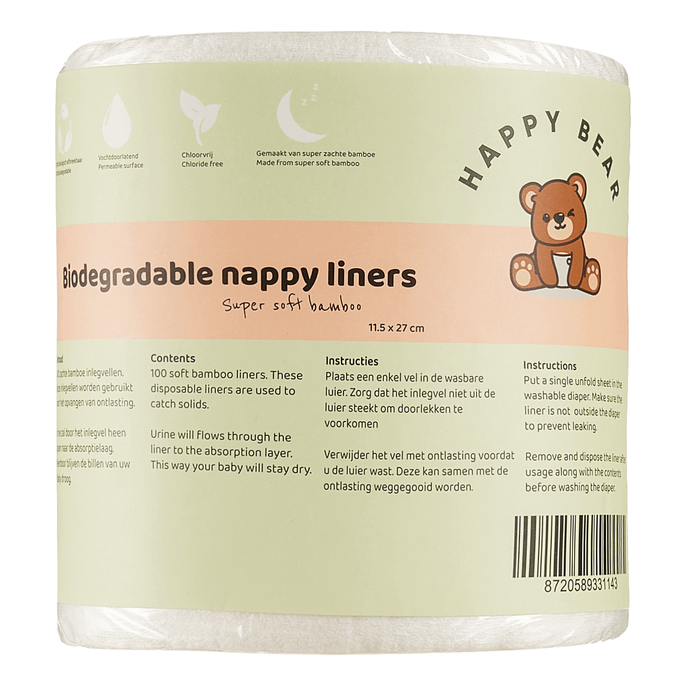 Biodegradable bamboo nappy liners roll from Happy Bear, 11.5 x 27 cm, packaging details for eco-friendly diapering.